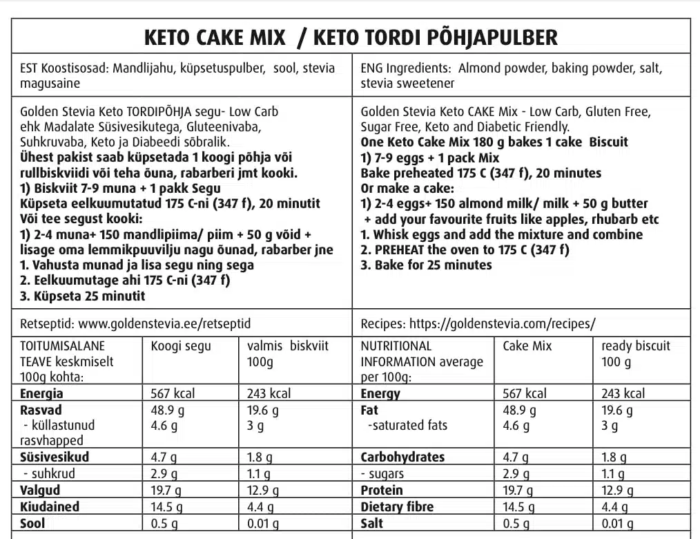 Golden Stevia Keto Cake Baking Mix Dough- Sugar Free, Gluten Free, Low Carb Tiramisu Rolls, apple cake