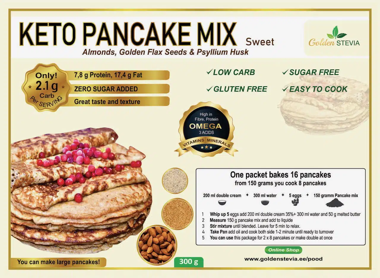 Golden Stevia Low Carb Keto Pancake Mix, Gluten Free, Sugar Free mix di frittelle cheto pancake a basso contenuto di carboidrati mezcla ceto para panqueques panqueque bajo en carbohidratos Keto-Pfannkuchen-Mix kohlenhydratarmer Pfannkuchen mélange de crêpes céto crêpe à faible teneur en glucides кето смесь для блинов блин с низким содержанием углеводов