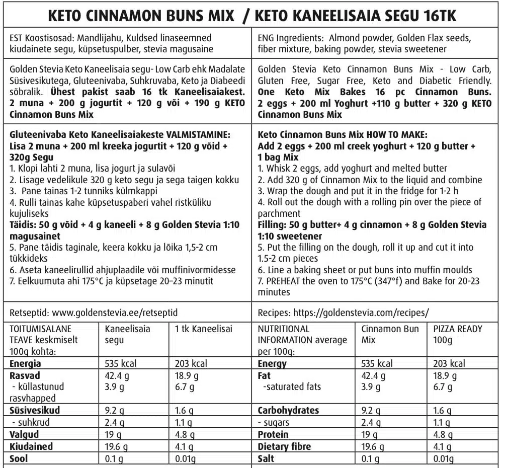 Mezcla para hornear rollos de canela bajos en carbohidratos Keto Mélange de cuisson pour petits pains à la cannelle Keto à faible teneur en glucides Mélange de cuisson pour petits pains à la cannelle Keto à faible teneur en glucides Смесь для выпечки булочек с корицей и кето с низким содержанием углеводов Keto-Zimtschnecken-Backmischung mit niedrigem Kohlenhydratgehalt Miscela di cottura per rotoli di cannella cheto a basso contenuto di carboidrati Golden Stevia Low Carb Keto Cinnamon Roll Baking Mix