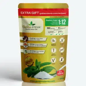 Golden Stevia sweetener powder 500g, replace sugar 1:12. The Best Taste Sugar substitute for cooking, baking and drinks. No Bitter aftertaste. Golden Stevia sweetner 500g = 6 kg sugar. Serving size 1 g