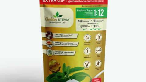 Golden Stevia sweetener powder 500g, replace sugar 1:12. The Best Taste Sugar substitute for cooking, baking and drinks. No Bitter aftertaste. Golden Stevia sweetner 500g = 6 kg sugar. Serving size 1 g