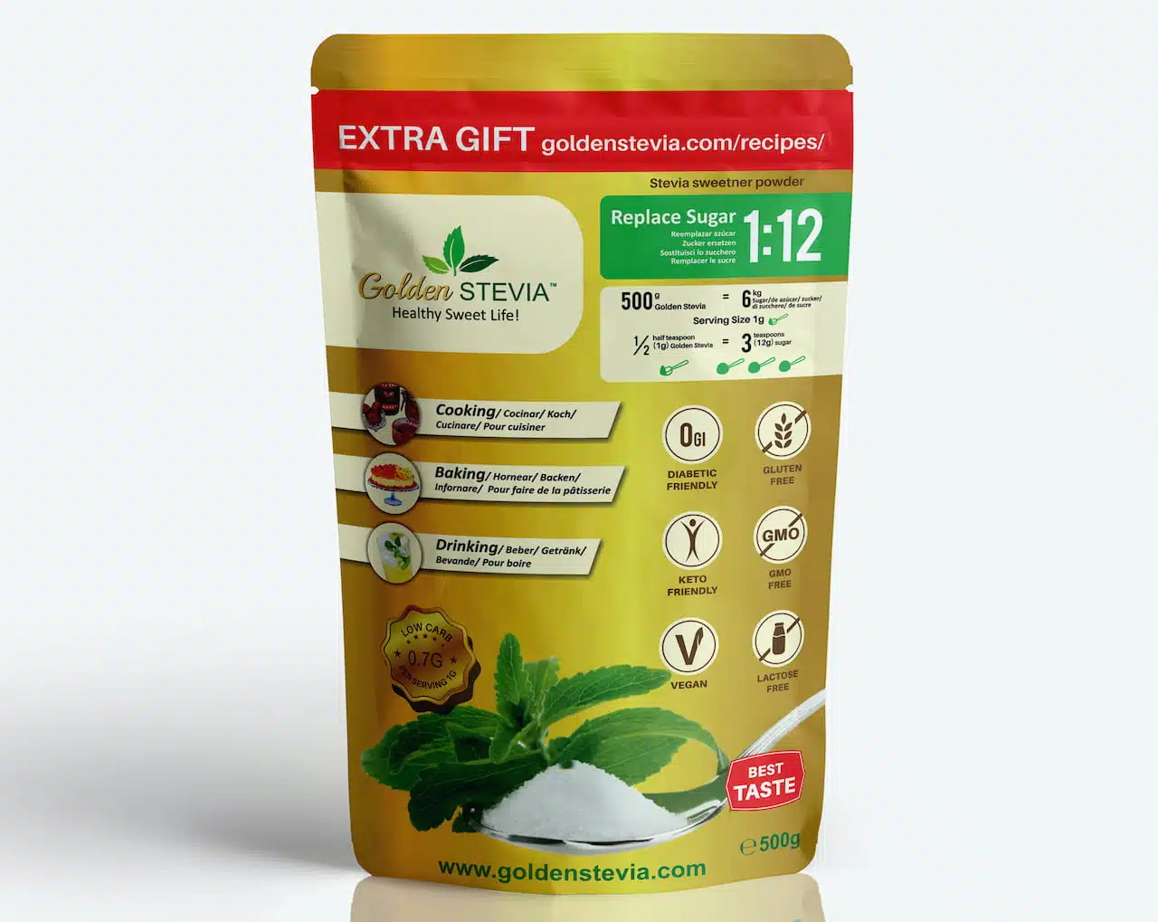 Golden Stevia sweetener powder 500g, replace sugar 1:12. The Best Taste Sugar substitute for cooking, baking and drinks. No Bitter aftertaste. Golden Stevia sweetner 500g = 6 kg sugar. Serving size 1 g