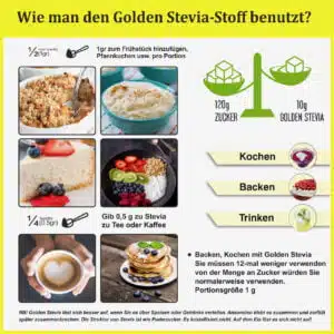 How to Use The Golden Stevia? You can use Stevia sweetener powder (Steviol Glycosides) for cooking, baking, drinks. Totally substitute for sugar.