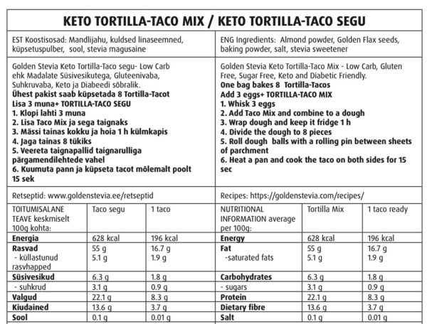 Keto Tortilla-Taco Baking Mix - Golden Stevia Sugar Free, Gluten Free, Low Carb Mezcla para hornear tortillas cetogénicas y tacos Preparato per cuocere i tacos y tortillas Keto-Tortillas und Taco-Backmischung Tortillas Keto et mélange de cuisson pour tacos Кето тортильи и смесь для выпечки тако