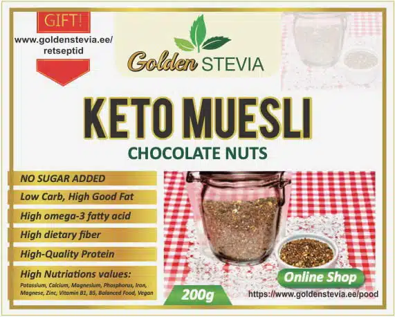Low Carb Chocolate Nut Keto Muesli Golden Stevia Nuez de chocolate baja en carbohidratos Keto Muesli Golden Stevia Wenig Kohlehydrate Schokoladen-Nuss-Keto-Müsli Golden Stevia Faible teneur en glucides Chocolat Noix Keto Muesli Golden Stevia Con pochi carboidrati Keto Muesli al cioccolato e noci Golden Stevia С низким содержанием углеводов Шоколадно-ореховый кето-мюсли Золотая стевия