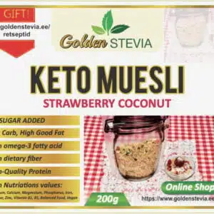 Low Carb Strawberry Coconut Keto Muesli Golden Stevia Fresa de coco baja en carbohidratos Ceto Muesli Golden Stevia Wenig Kohlehydrate Erdbeer-Kokos-Keto-Müsli Golden Stevia Con pochi carboidrati Fragola Cocco Keto Muesli Golden Stevia С низким содержанием углеводов Клубника Кокос Кето Мюсли Золотая Стевия Faible teneur en glucides Fraise Noix De Coco Keto Muesli Golden Stevia