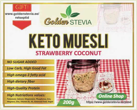 Low Carb Strawberry Coconut Keto Muesli Golden Stevia Fresa de coco baja en carbohidratos Ceto Muesli Golden Stevia Wenig Kohlehydrate Erdbeer-Kokos-Keto-Müsli Golden Stevia Con pochi carboidrati Fragola Cocco Keto Muesli Golden Stevia С низким содержанием углеводов Клубника Кокос Кето Мюсли Золотая Стевия Faible teneur en glucides Fraise Noix De Coco Keto Muesli Golden Stevia