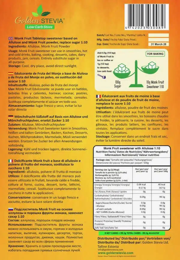 Monk fruit allulose 10 sweetener golden stevia