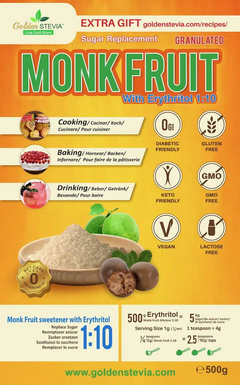 Monk fruit erytrihol granules replace sugar 1-10 sweetner sugar free golden stevia keto low carb Monk fruit allulose 10 sweetener golden stevia