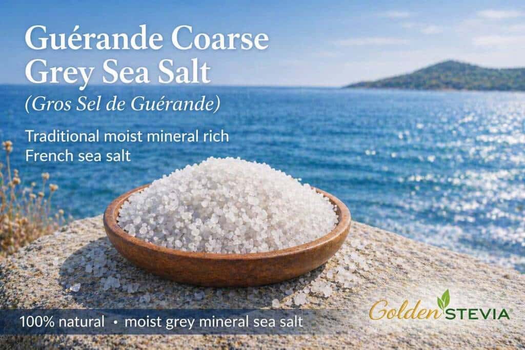 Guérande Coarse Grey Sea Salt 500g natural moist mineral rich French sea salt Golden Stevia