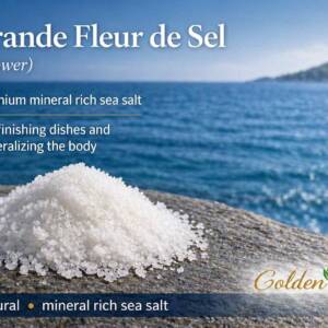 Guérande Fleur de Sel Salt Flower premium mineral rich sea salt on stone by ocean Golden Stevia