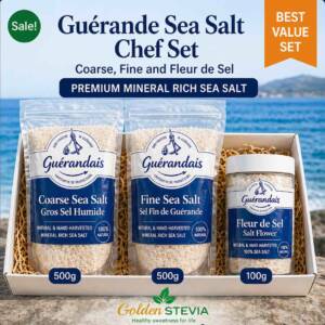 Guérande Sea Salt Trio Set with coarse sea salt, fine sea salt and Fleur de Sel by Golden Stevia