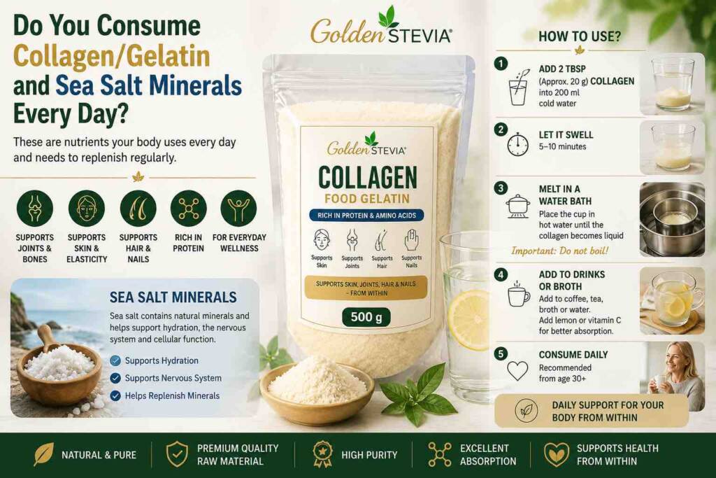 Golden Stevia collagen gelatin and Guérande sea salt minerals for daily hydration keto low carb wellness and body mineral support